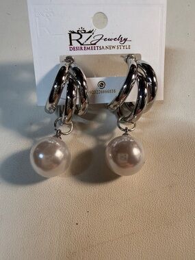 Silver Hoop Earrings with Pearl Drop